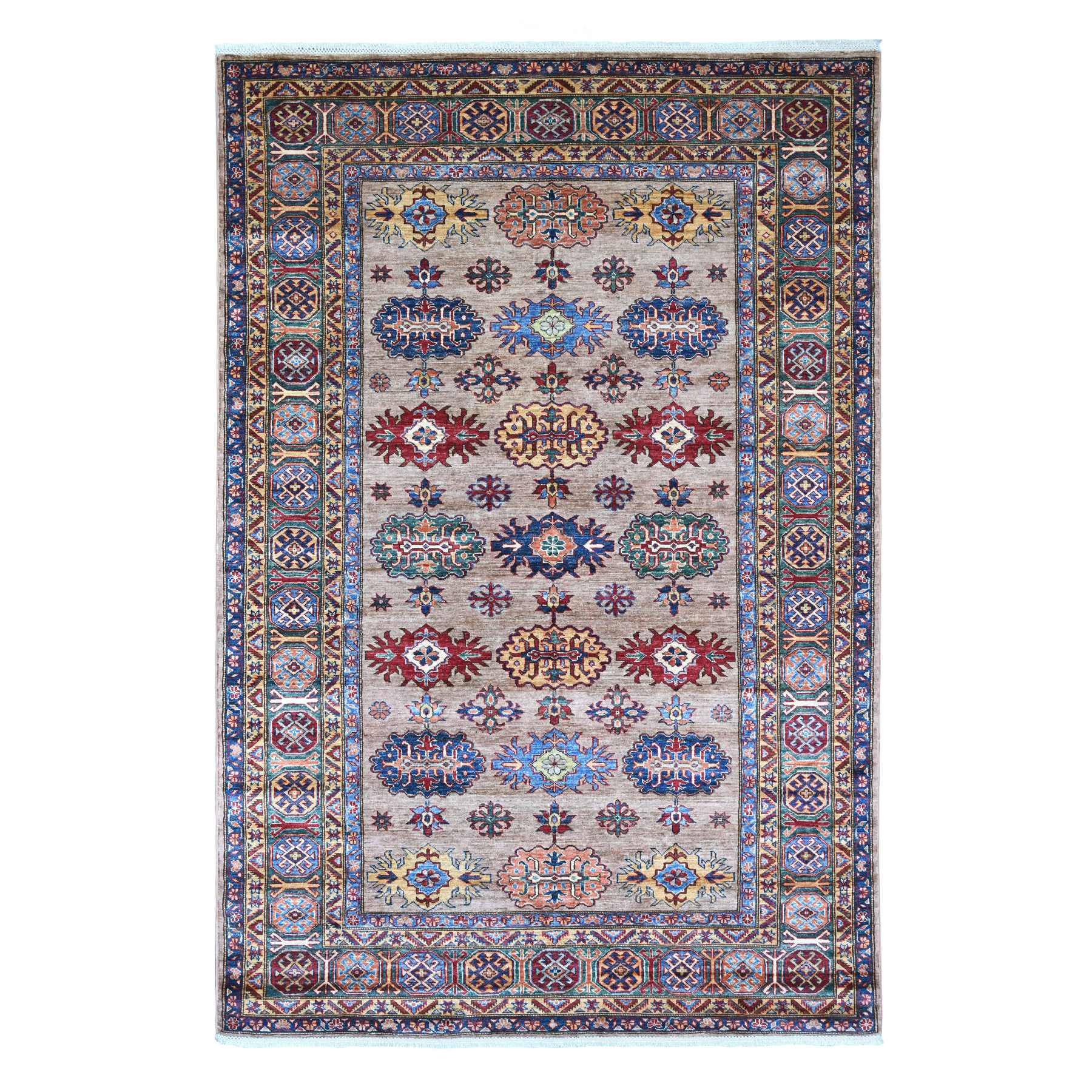 Khaki Brown, Afghan Super Kazak with Tribal Medallions Design, Hand Knotted, Soft and Velvety Wool, Vegetable Dyes, Oriental Rug